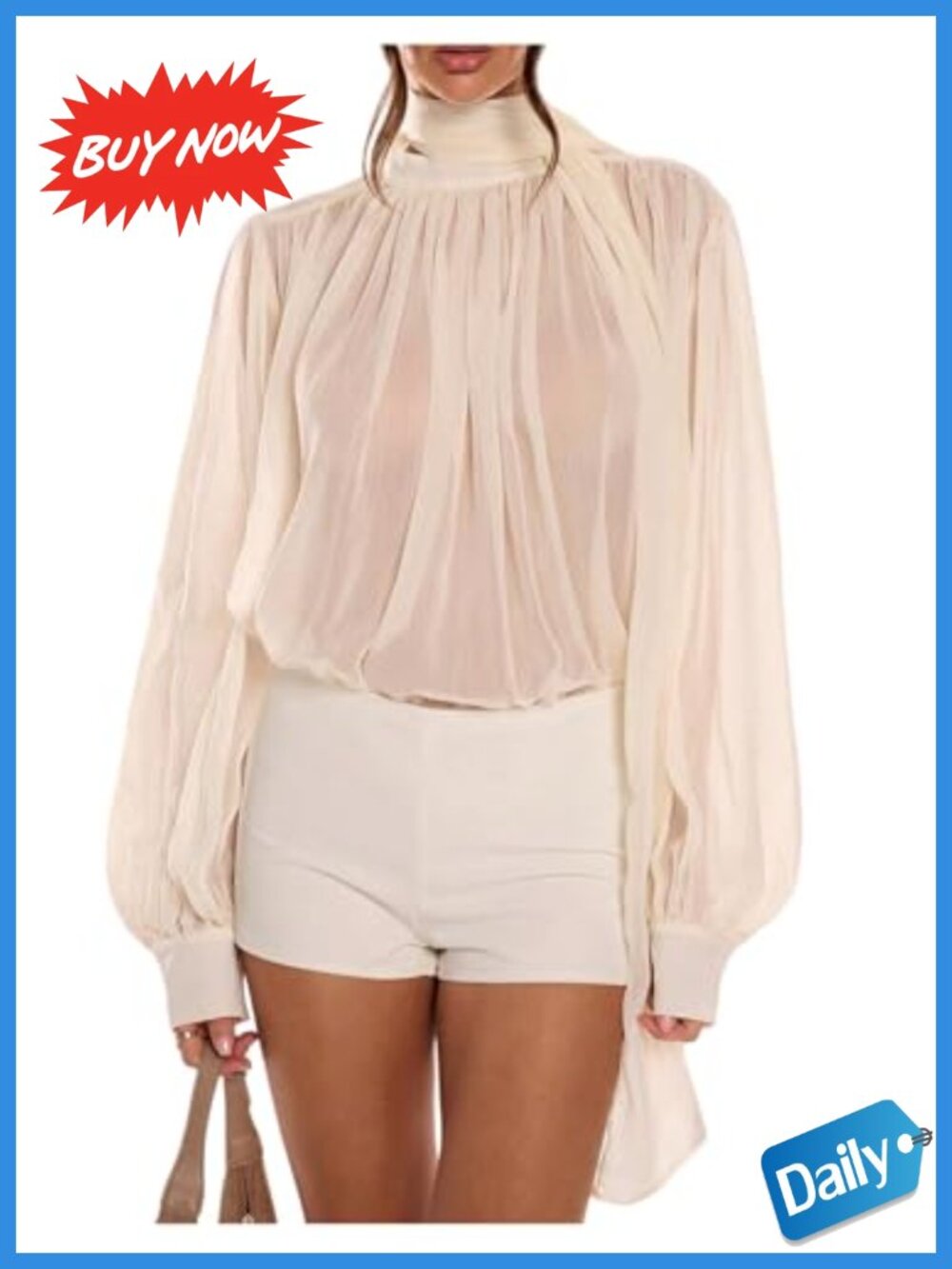 Sheer Chiffon Blouse Mock Neck Long Sleeve Scarf Top